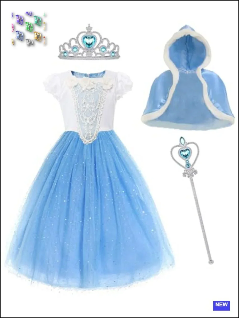 Girls Cinderella Princess Costume Dress Set 4 Pieces with Shawl Crown Scepter